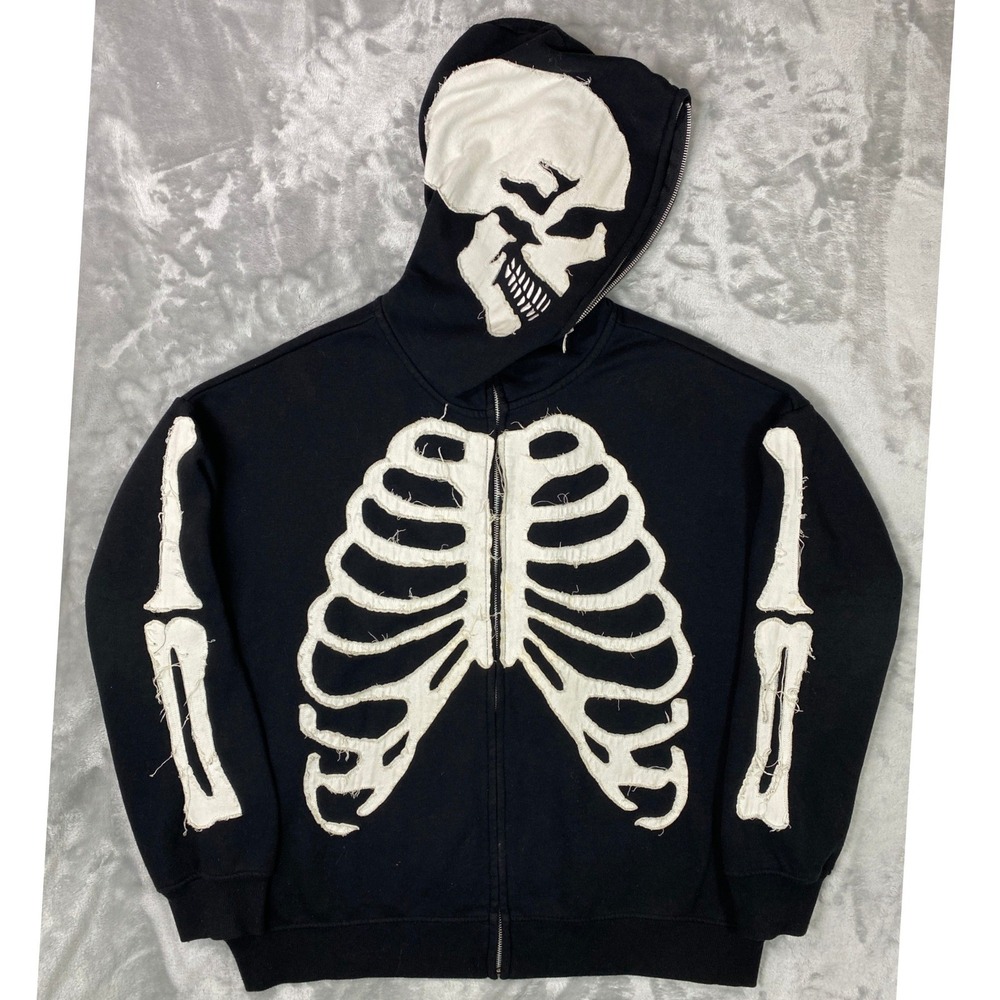 Forever 21 Skeleton Hoodie Men LG Black Full Zip Goth Streetwear Bone Applique